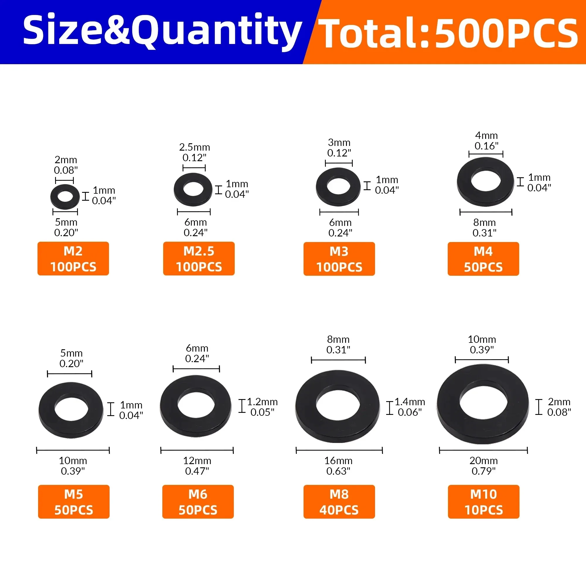 500PCS Nylon Washer Flat Assortment Kit 8-size Safety Plates M2 M2.5 M3 M4 M5 M6 M8 M10 Nylon Sealing Washers