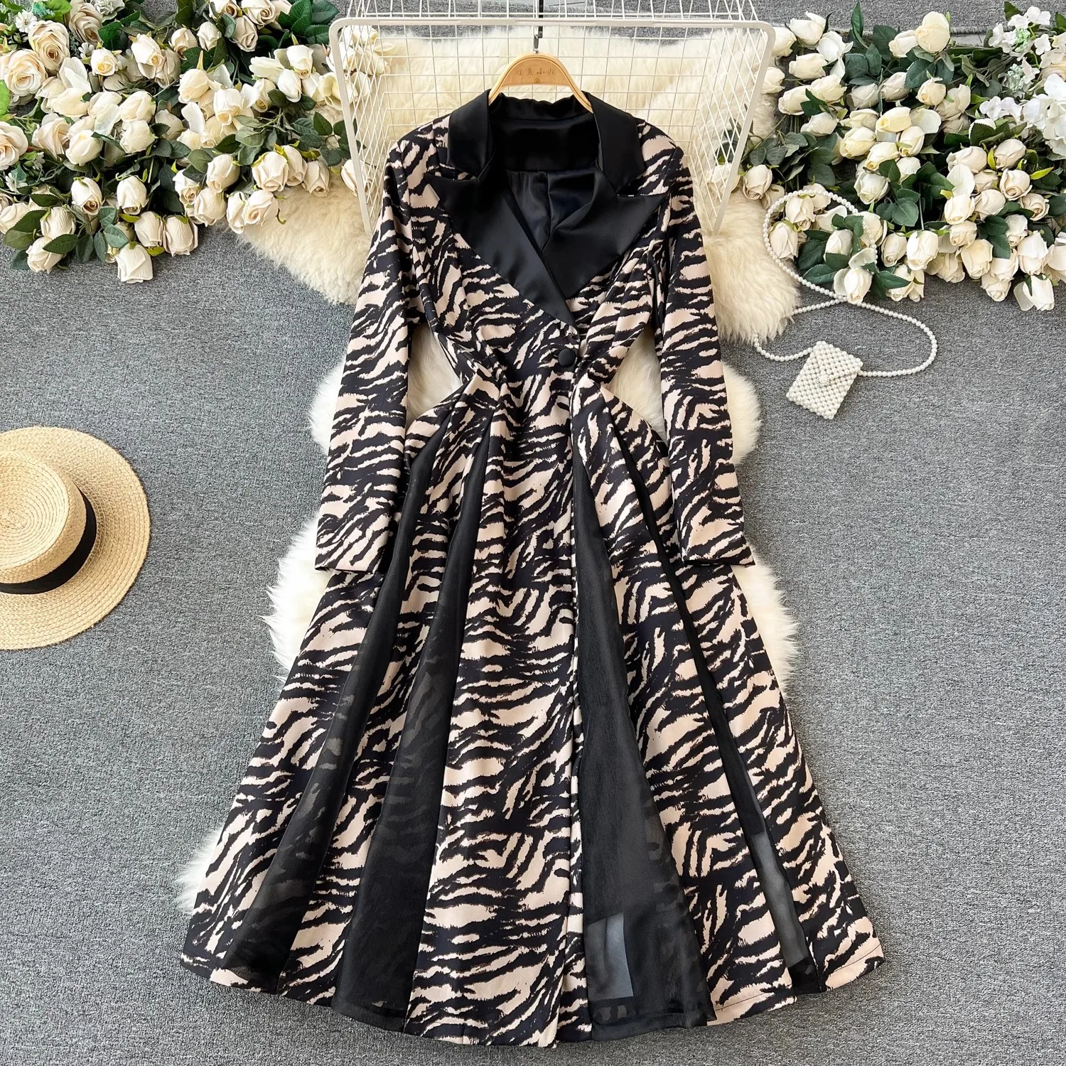 

2024 New Elegant Women Notched Collar Blazer Dress Autumn Winter Flower Print Stitching Mesh Double-Breasted Long Party Vestidos