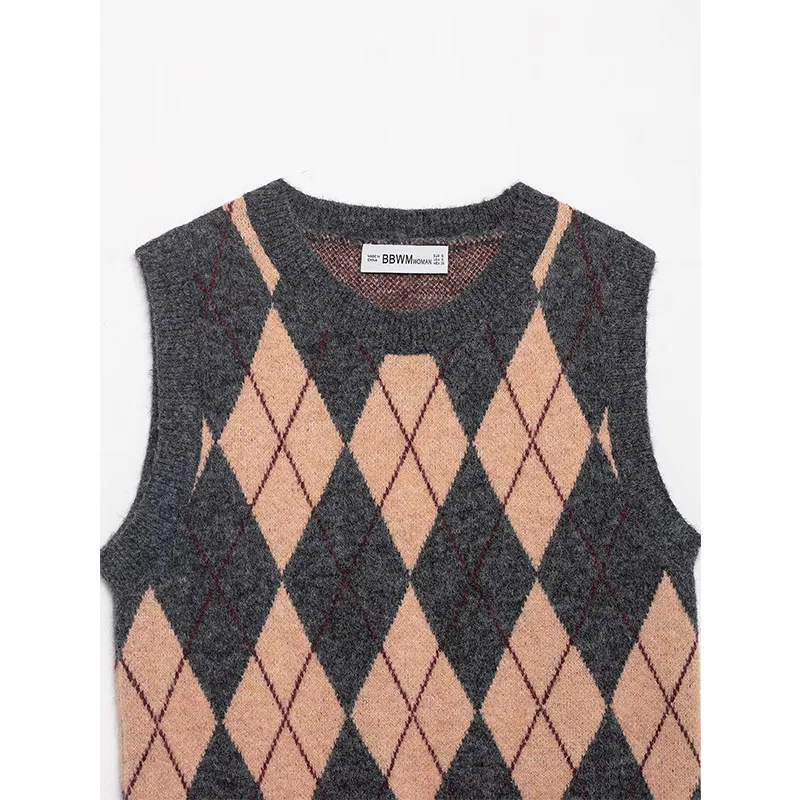 Chic Elegant Argyle Pattern Vests For Women 2025 Sleeveless Knitted Vest Sweater Female Streetwear Casual Waistcoat Tops ﻿