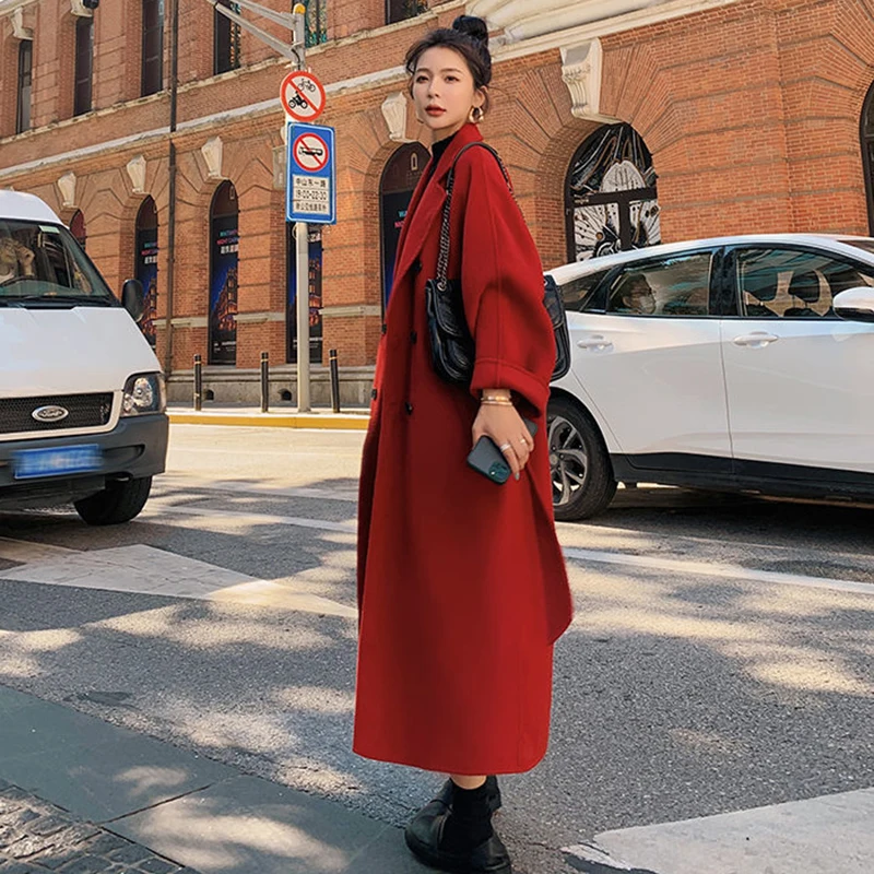 Oversized Korean Woolen Coat Women Solid Colors Lace Up Long Jacket French Style Elegant Fall Winter Thick Midi-Length Overcoat