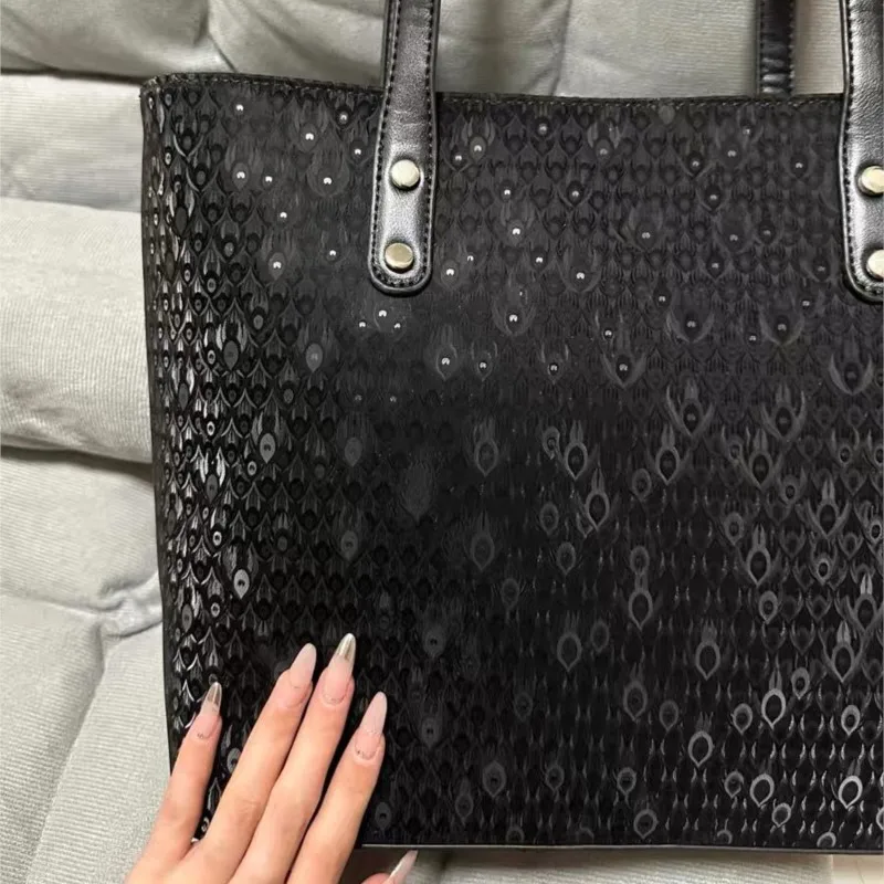 Black Peacock Feather Pattern Tote Bag Women Square Studded Large Capacity Underarm Bag Ladies Fashion Premium Commute Handbag