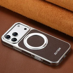 Sleek Leather Magnetic Phone Case with 360° Rotating Stand and Magsafe Wireless Charging Compatibility - iPhone 15 (Brown)