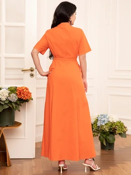 Elegant style Lapel Jacquard Solid color Embroidery Pocket Regular sleeve Long Dresses Orange Dresses 2
