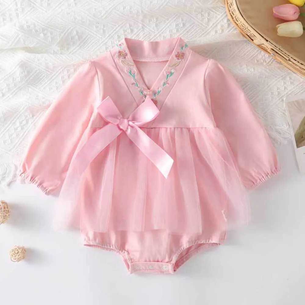 

First Christmas Baby Girl Romper Long Sleeve Flower Embrodiery Mesh Patchwork Spring Autumn Princess Birthday Infant Clothes