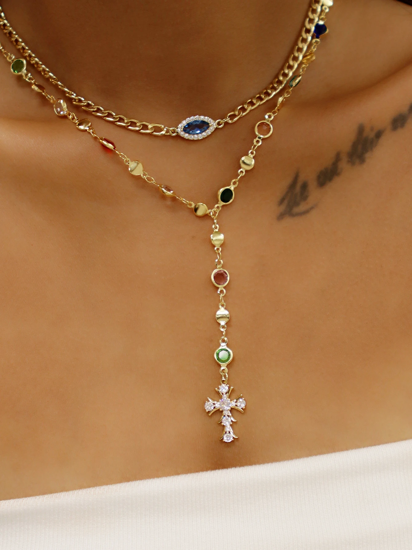 Layered Colorful Cubic Zirconia Cross & Evil Eye Necklace - Y-Shaped Drop Chain