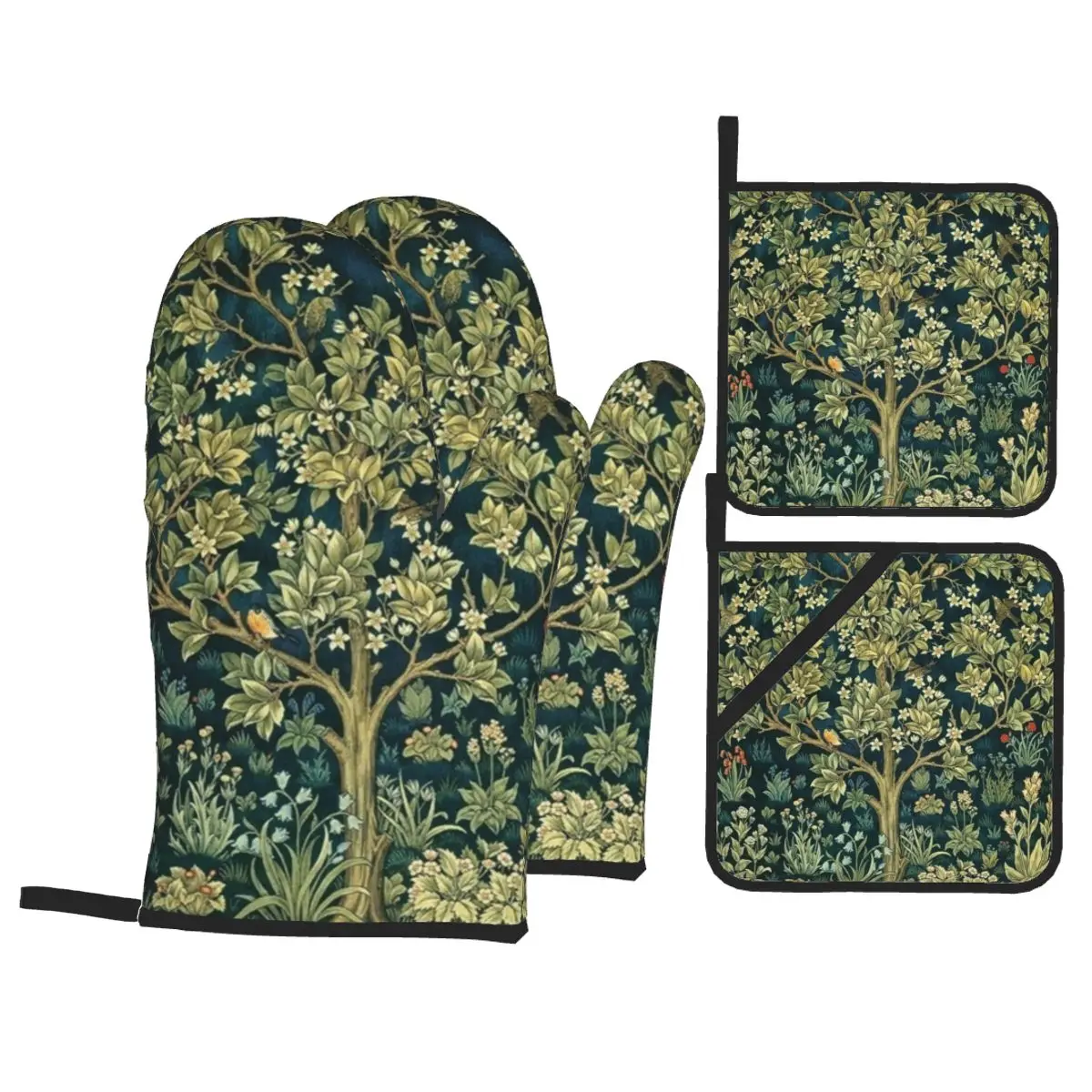 Tree Of Life By William Morris Oven Mitts and Pot Holders 4pcs Set High Heat Resistant Baking Cooking Gloves Kitchen BBQ