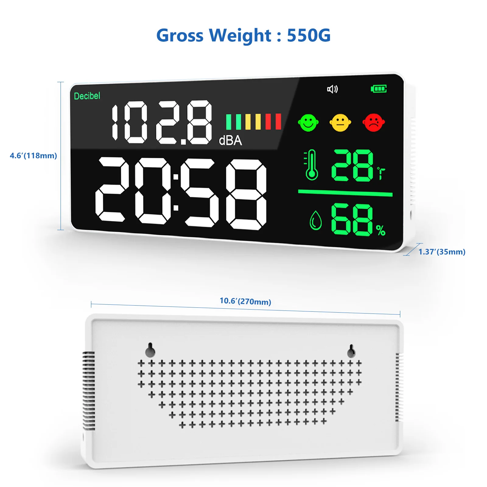 4-in-1 Digital Decibel Meter Wall Hanging Sound Level Noise Meter 30-130dB Range 11 Inch Large LED Display Multi-function 3