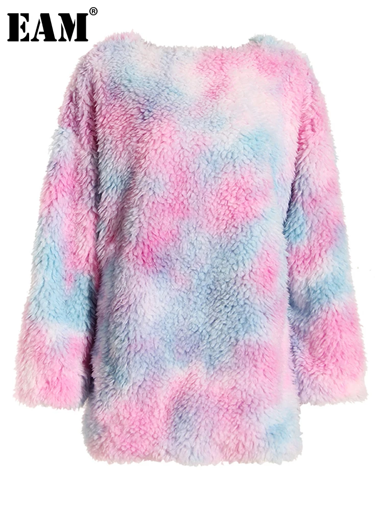 

[EAM] Loose Fit blue tie dye soft warm Sweatshirt New Round Neck Long Sleeve Women Big Size Fashion Spring Autumn 2024 1DH2824