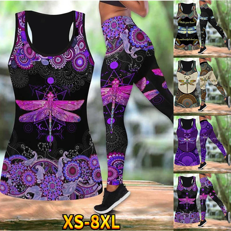 New Summer Vest Women'S Fashion Bee And Dragonfly Print Combo Tank Legging Summer Sleeveless V-Collar Tank Tops Suit Xs-8Xl