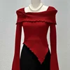 Sexy One-Shoulder Long-Sleeve Knitted Top Women's Base Layer Outwear Irregular Design Autumn Fashion Casual Loose Fit Shirt