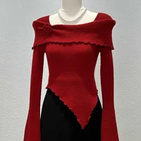 Sexy One-Shoulder Long-Sleeve Knitted Top Women's Base Layer Outwear Irregular Design Autumn Fashion Casual Loose Fit Shirt
