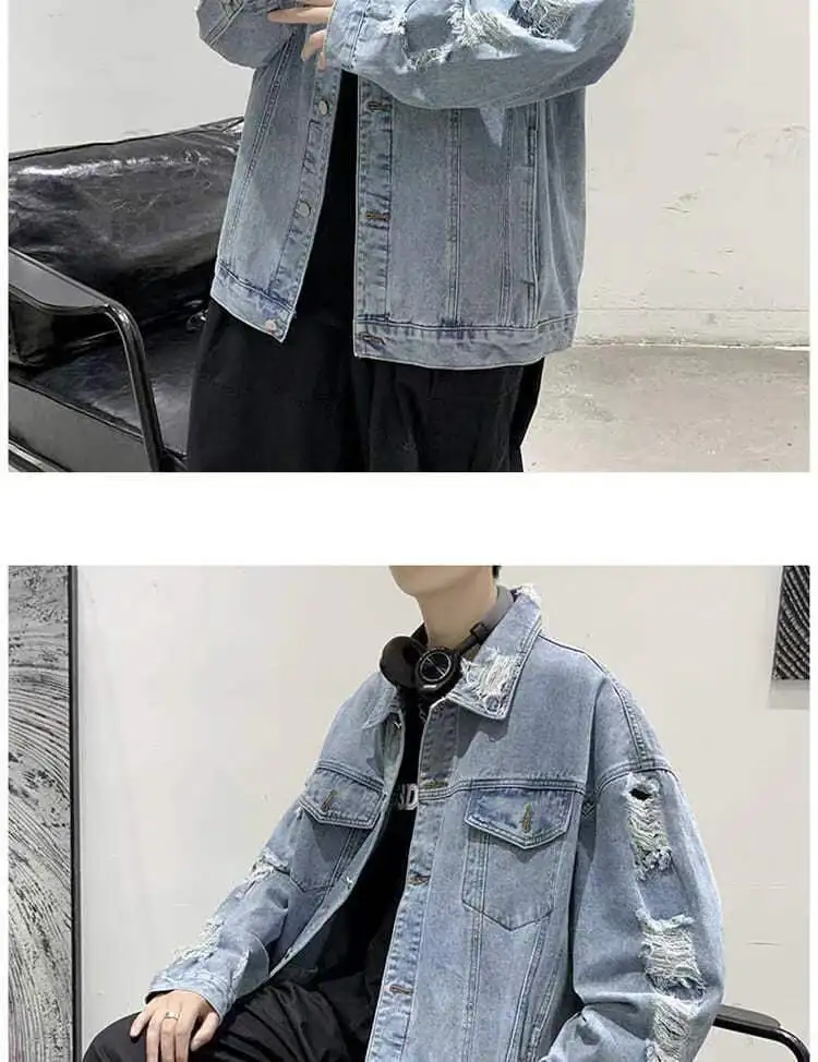 Spring Autumn Ripped Denim Jackets Men's Causal Loose Oversize Handsome High Street Overcoat Men Tops Male Clothes