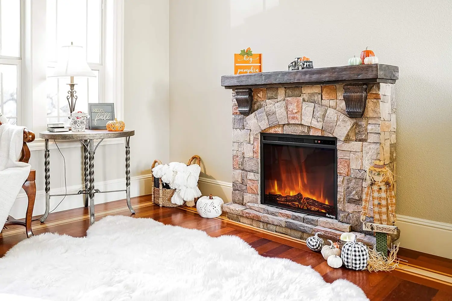 Alpine LED Electric Fireplace Stove with Faux Wood and Stone Mantel - Remote - 3D Log and Fire 11.6"D X 44.9"W X 40.2"H 5