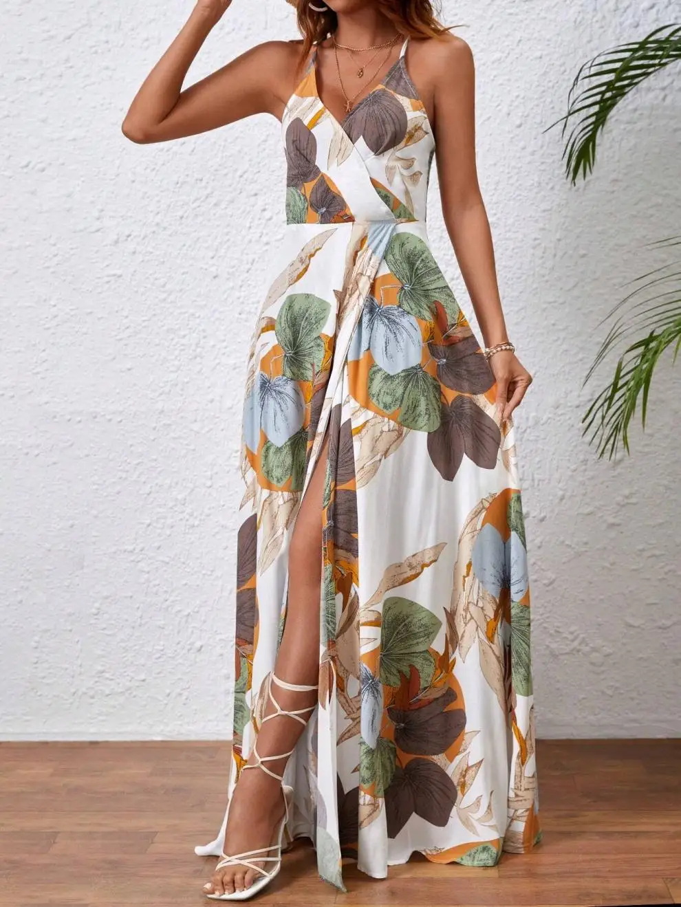 Fashion Flower Print Spaghetti Strap Dresses Women Sexy V-neck Backless Slit Long Dress Bohemian Style Vacation Beach Vestidos