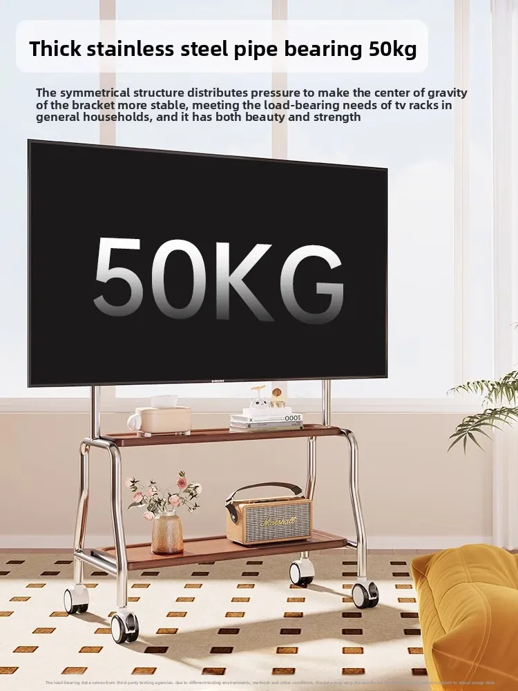 Stainless Steel TV Stand with Silent Wheels Mobile Floor Stand Universal for 55/65/75 Inch TVs Living Room Rolling Cart Mount