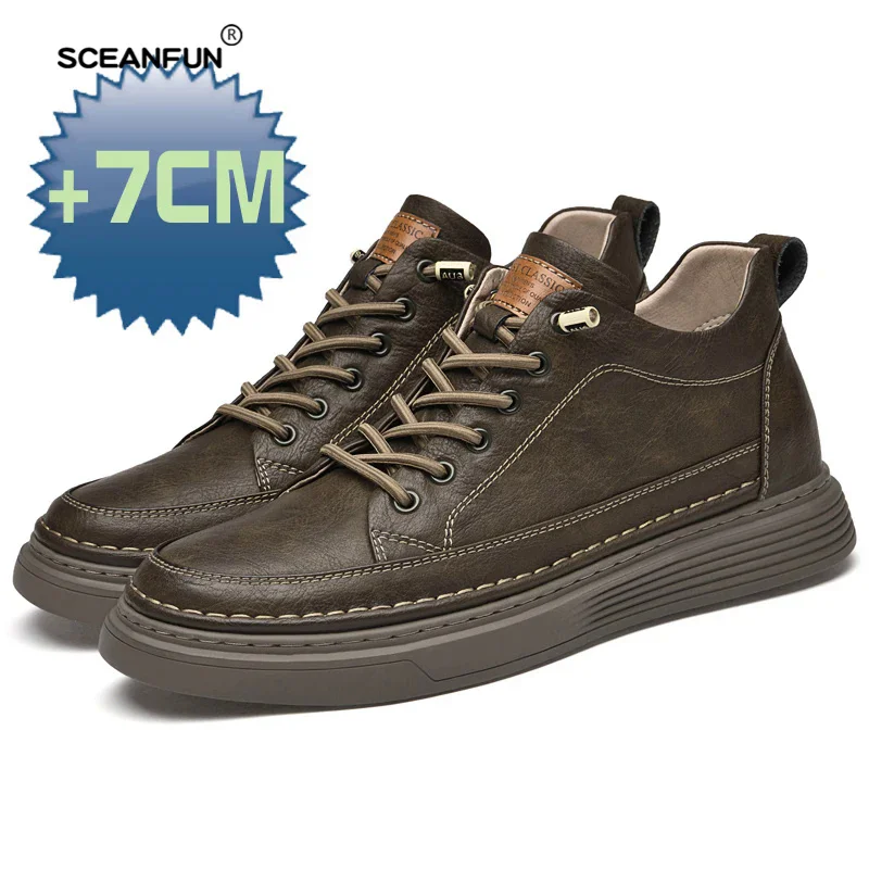 Men Sneakers Elevator Shoes Hidden Heels Heighening Shoes For Men Increase Insole 7CM Sports Casual Genuine Leather Designer 6