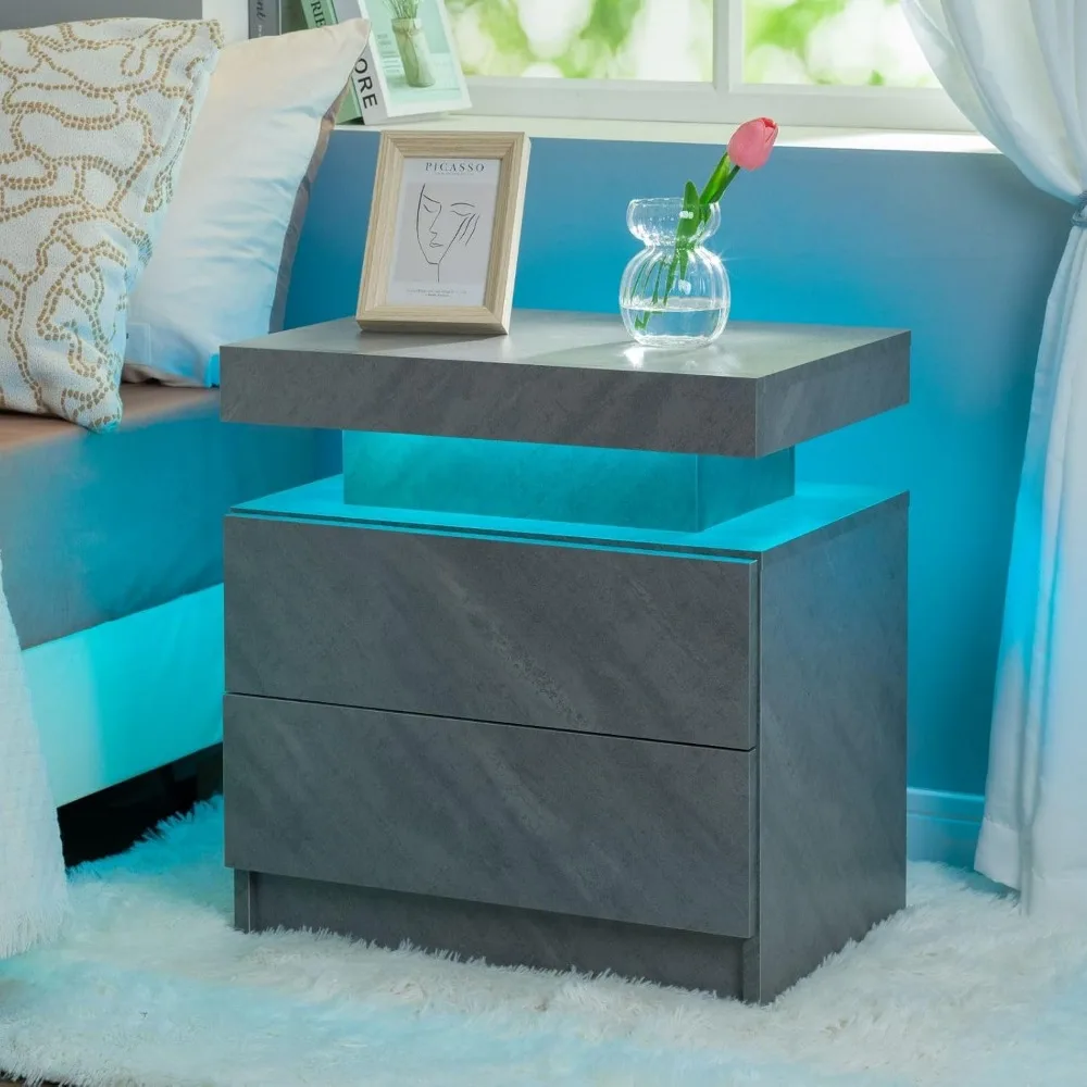 Grey Night Stand Set 2 Modern Bedside Tables with 2 Drawers Bedroom Night Stands Set of 2 LED Night Stand for Bedroom 5