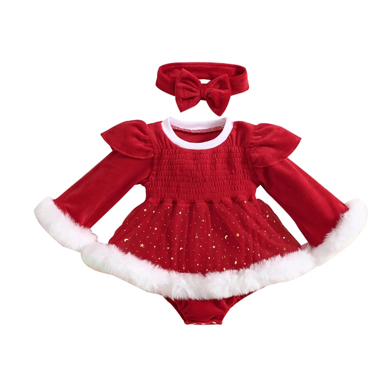 

Baby Girls Christmas Romper Dress Outfit Long Sleeve Buttons Plaid Tutu Princess Short Skirt Knit Romper Headband 2PCS Set