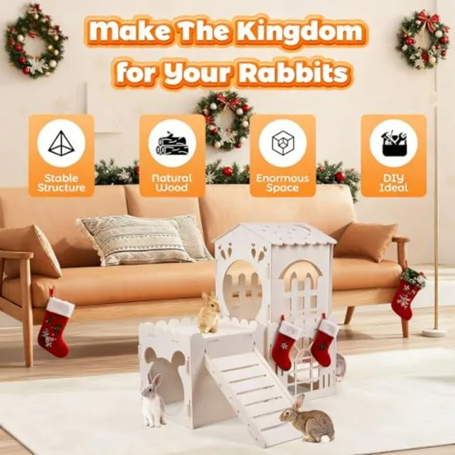 Large Rabbit House Wooden Bunny Castle with Indoor Rabbit Guinea Pig Cage Multistory Climbing Tower Sturdy Wooden Castle Small
