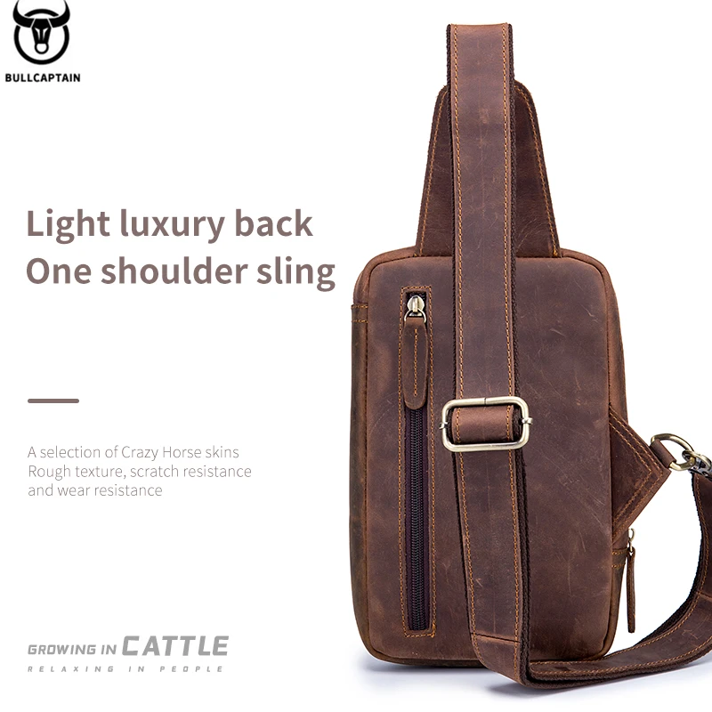 BULLCAPTAIN Men's Crossbody Bags Crazy Horse Leather Chest Bag's Leather Crossbody Bages Retro Men's Zip Pocket Short Travel Bag