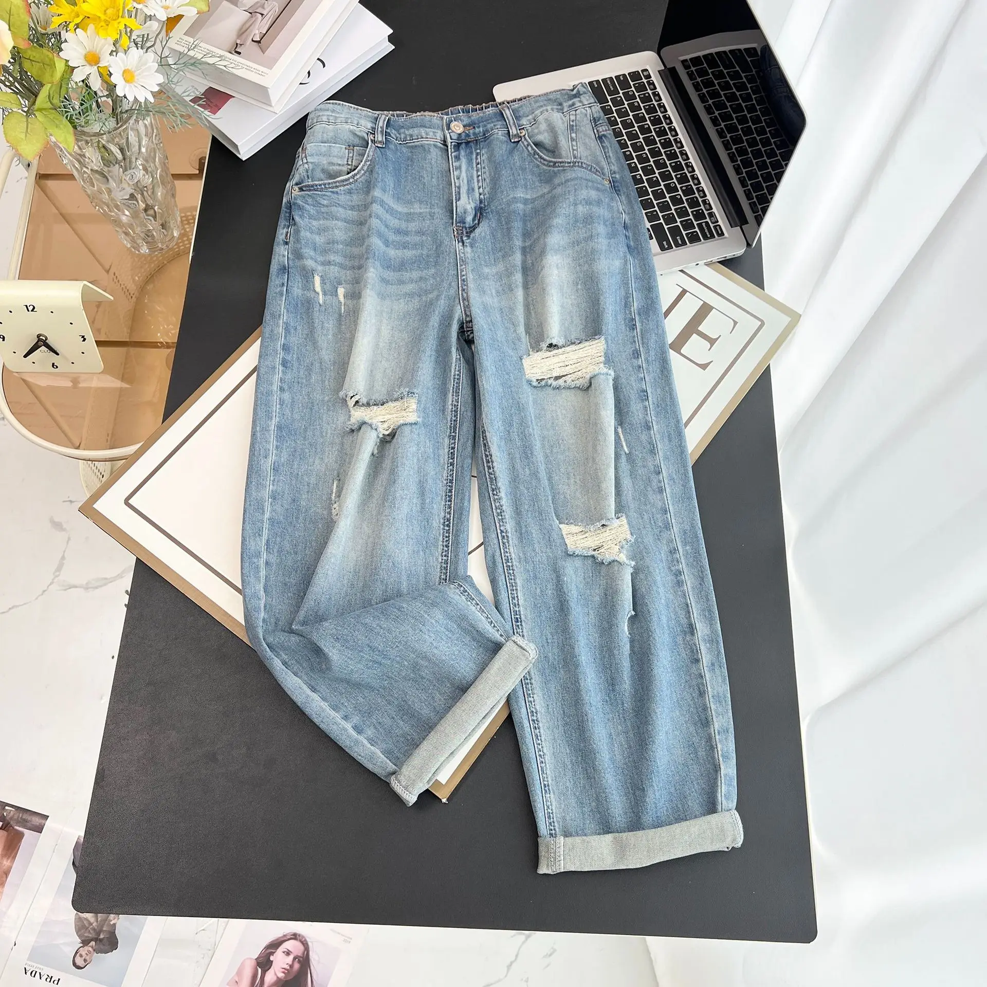 New Summer Plus Size Jeans Women's Wear 100KG Stylish Premium Ripped Holes Thin Denim Harem Pants 8358