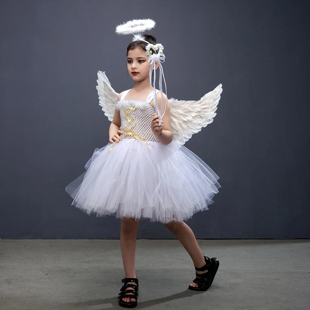 White Angel Heaven Christmas Fancy Dress Up Costume For Girls Cosplay Halloween Party Tutu Dress Princess Fairy Kids Outfit