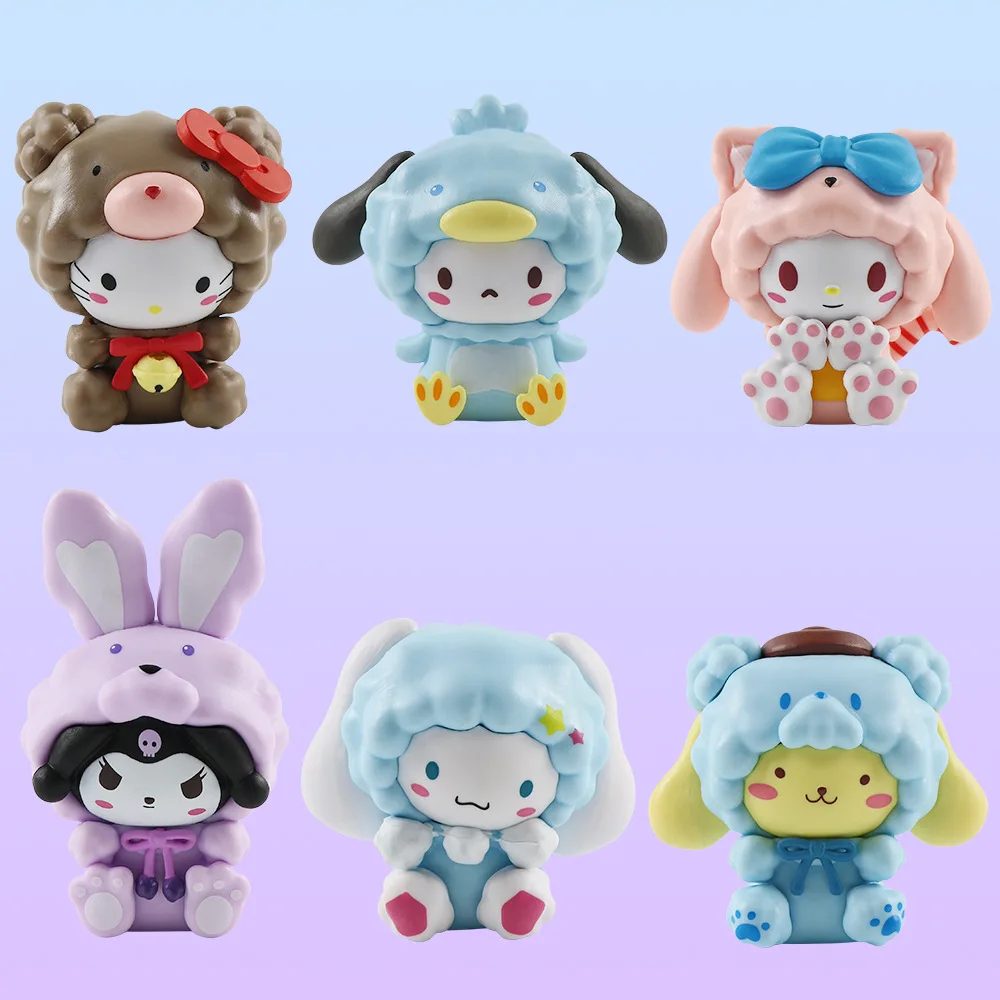 

6Pcs New Sanrio Kawaii anime merchandise Hello Kitty Cinnamoroll Kuromi My melody Pochacco Cross-dressing Sheep Head Figure Toy