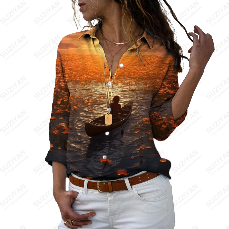 

Summer new ladies shirt flower river 3D printed lady shirt casual style ladies shirt fashionable, loose trend women's shirt