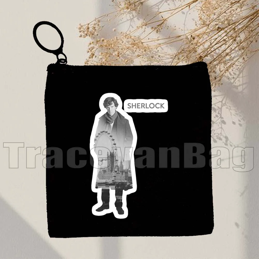 Retro Tv Show Sherlock Silhouette Benedict Cumberbatch Gift Canvas Coin Purse Bag Small Square Key Storage Card Bag Wallet Pouch