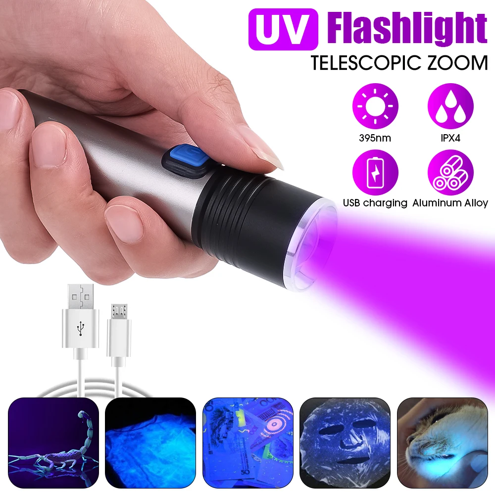 

UV LED Flashlight Mini Ultraviolet 395nm Zoom Retractable Torch Lamp USB Rechargeable Fluorescent Agent Inspection Flashlight