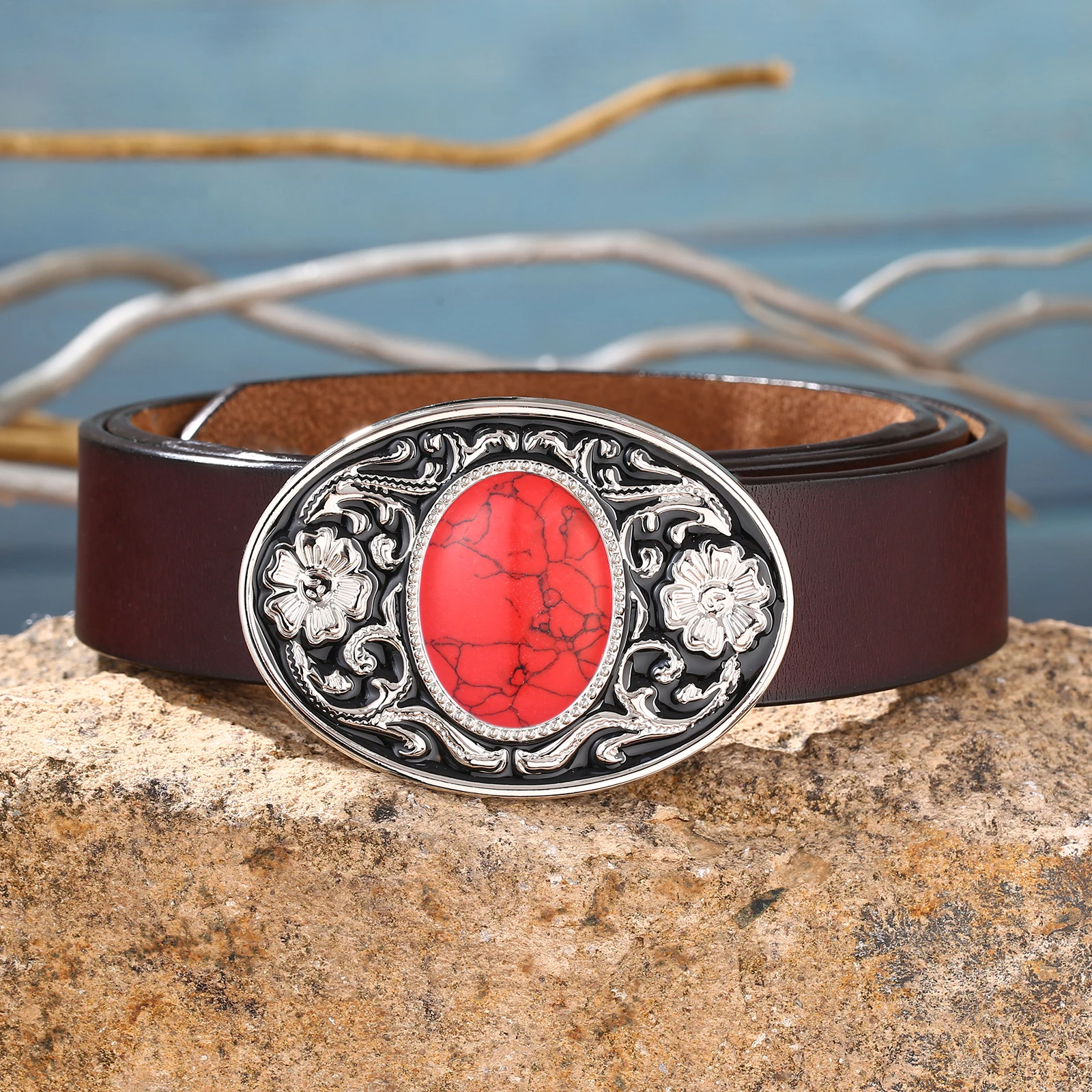 

Western denim zinc alloy patterned natural stone belt buckle paired with non installation leather belt