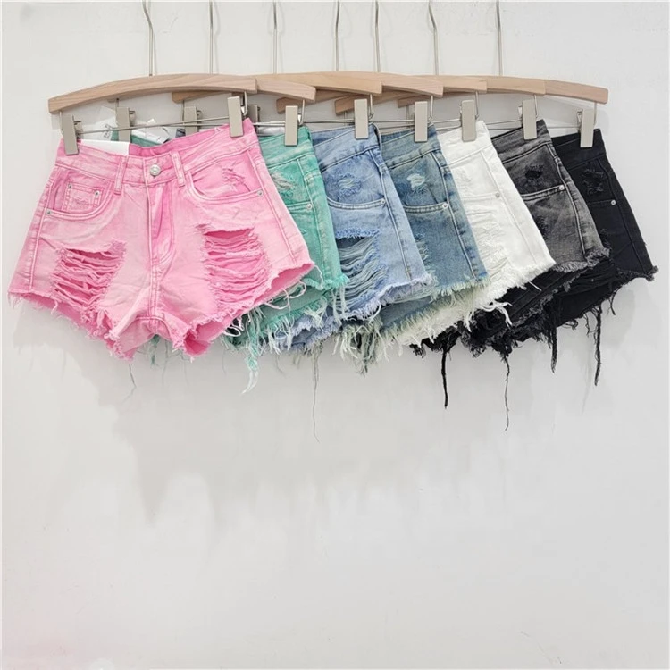 2024 Summer New Streetwear Burrs Tassel Hem Wide Leg Shorts Women's Hole Low Waist Distressed Jeans Shorts