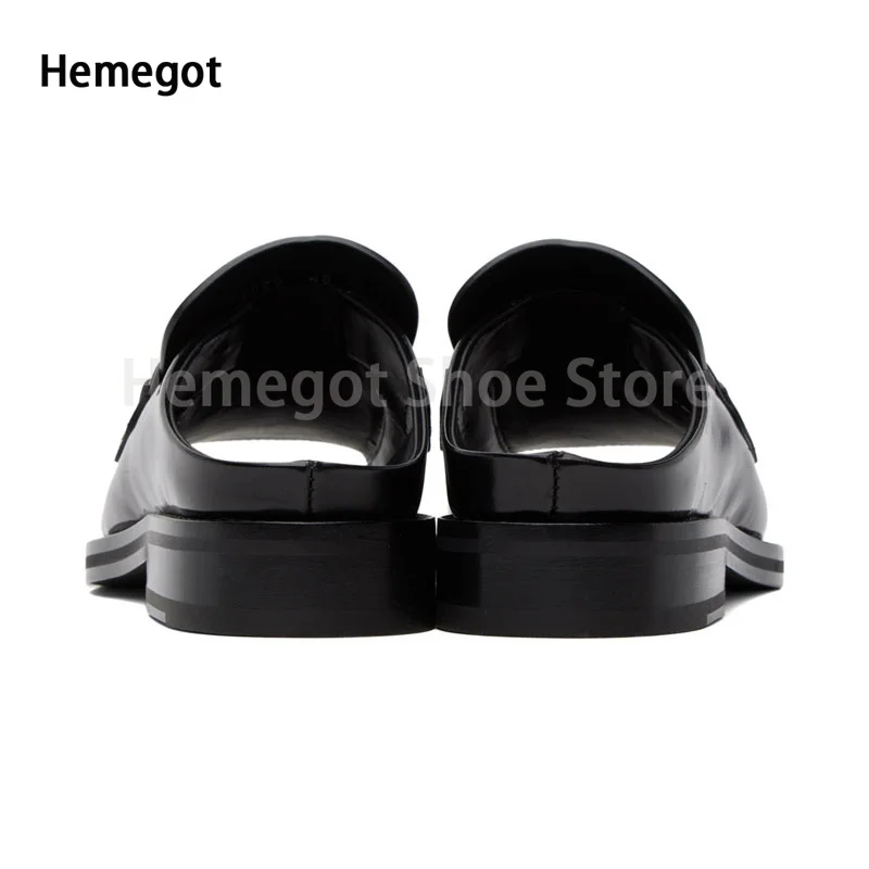 Black Square Toe Metal Button Chain Half Slippers Open Toe Glossy Leather Shoes Comfortable Loafers Slip-On Casual Flat Shoes