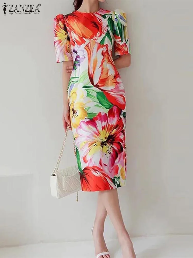 

Summer Dresses ZANZEA Elegant Floral Printed Party Vestidos 2023 Women Sexy Slim Short Puff Sleeve Waisted Holiday Midi Robe