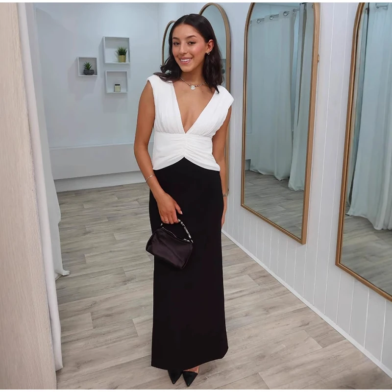 Elegant Deep V-neck Patchwork Long Dress Women Vintage Pleated Sleeveless Slim Fit Dresses Female Spring Chic Street Office