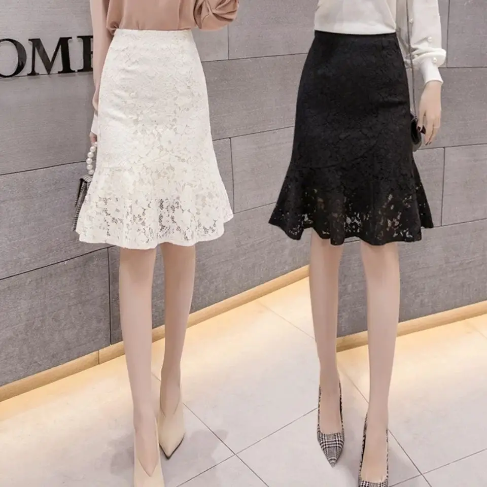 

Ladies Temperament Lace Solid Color High Waist Fishtail Skirt Summer Fashionable Zipper Slim A-line Skirt Women Clothing Ruffles