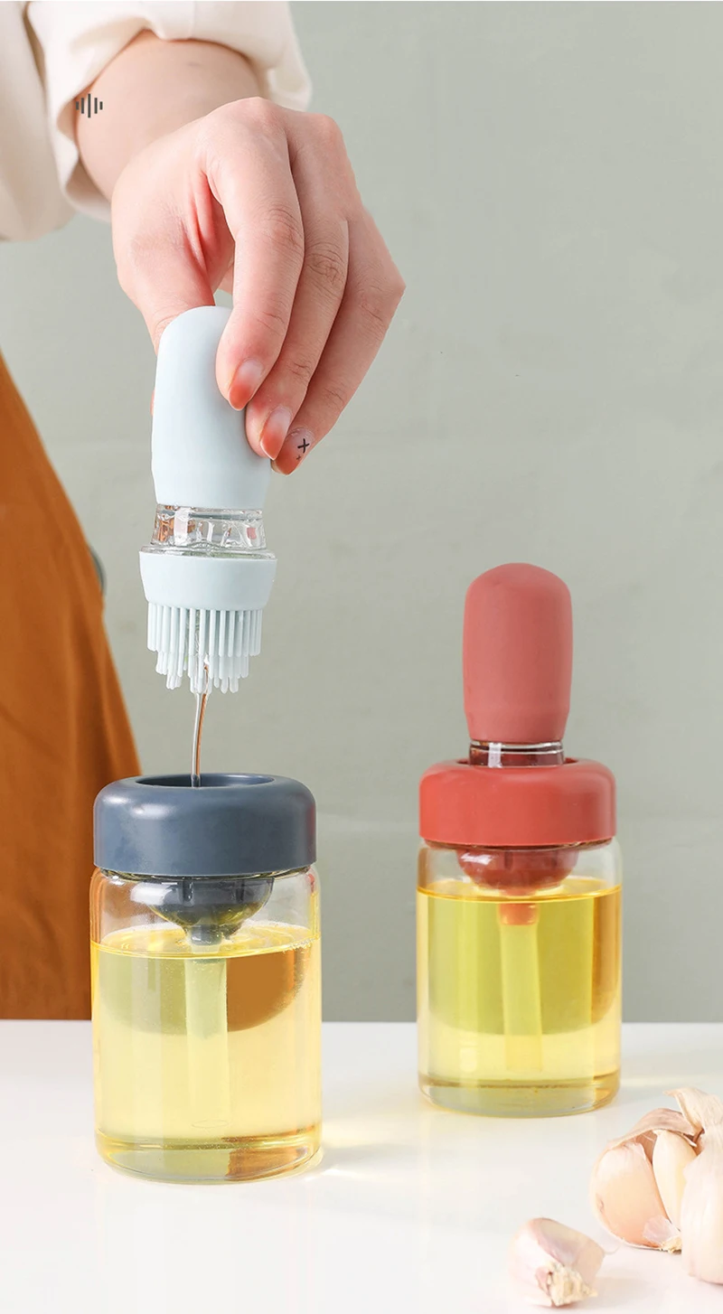 Description Picture 5 of itemBaking Ration Brush With Bottle BBQ Barbecue Brush Creative Oil Brush Kitchen Oil Bottle Silicone Glass Oil Container With Brush