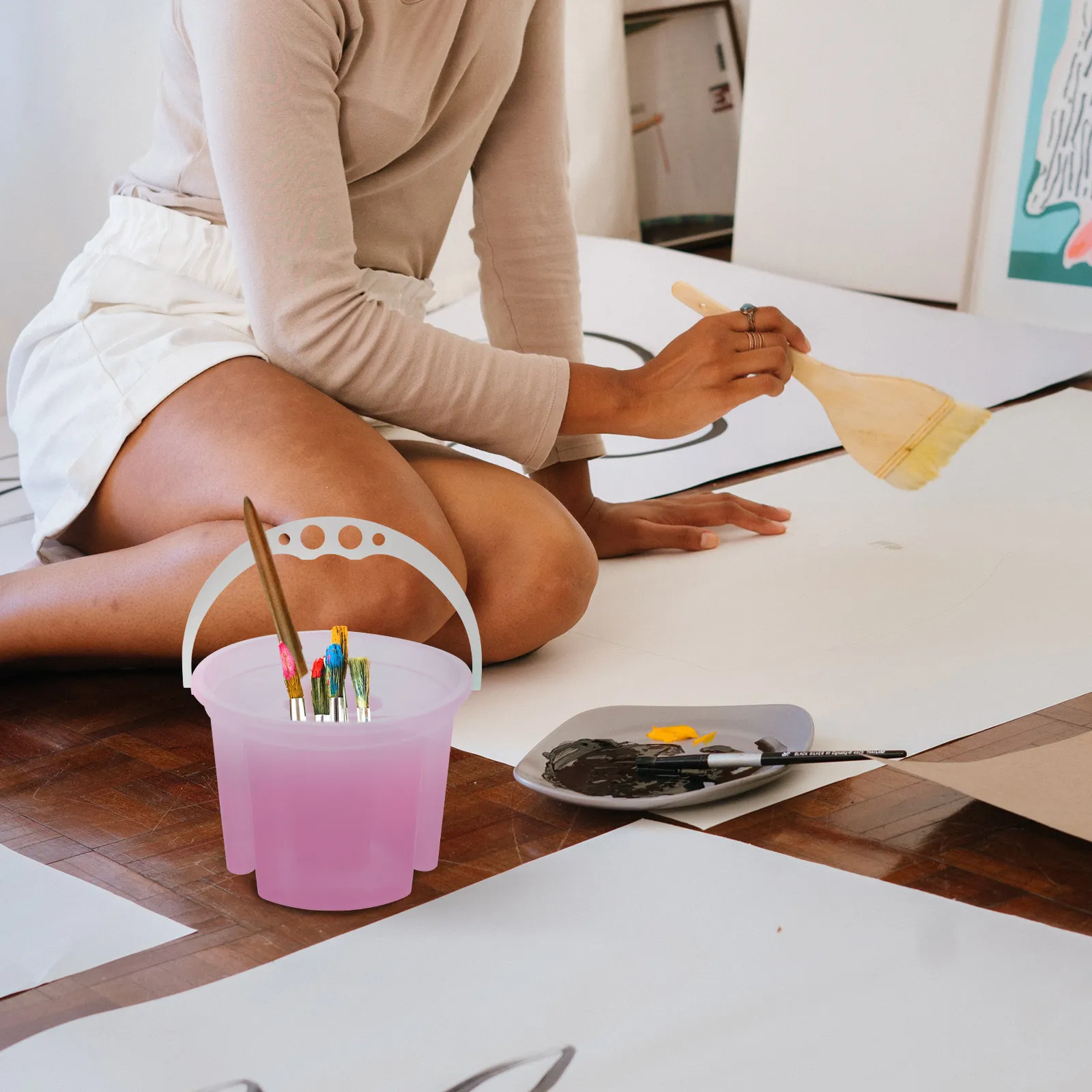 2Pcs 워시 브러쉬 세면대 색상 혼합 및 브러쉬 청소를 위한 플라스틱 아트 도구 예술가 학생을 위한 휴대용 페인팅 버킷