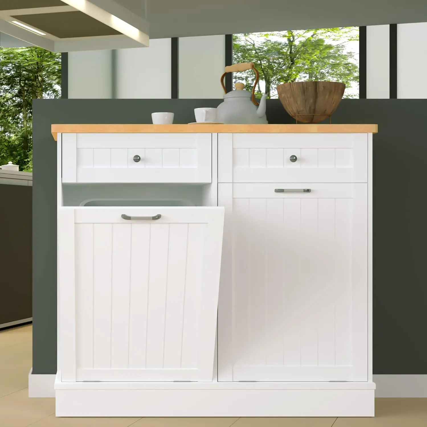 Cabinet 10 Gallon Wooden Free Standing Laundry Sorter Cabinet,Recycling Cabinet with Hideaway Drawer,Tilt Out Trash Cabinet Can 2