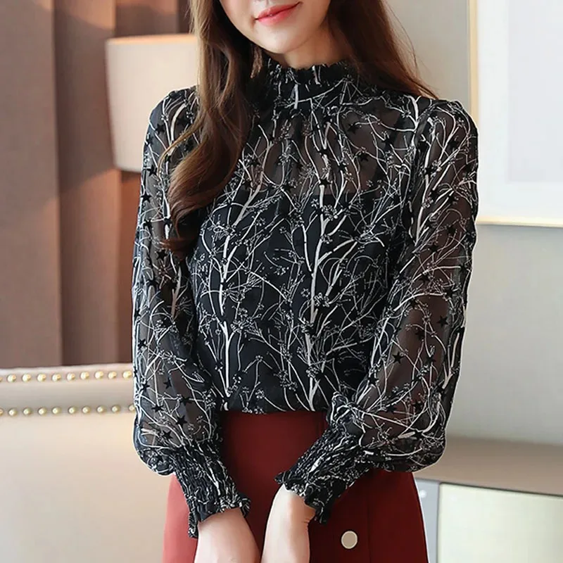 Women's Chiffon Blouse with Stand Collar Long Sleeve Printed Shirt Floral Clothing Casual Tops 6197