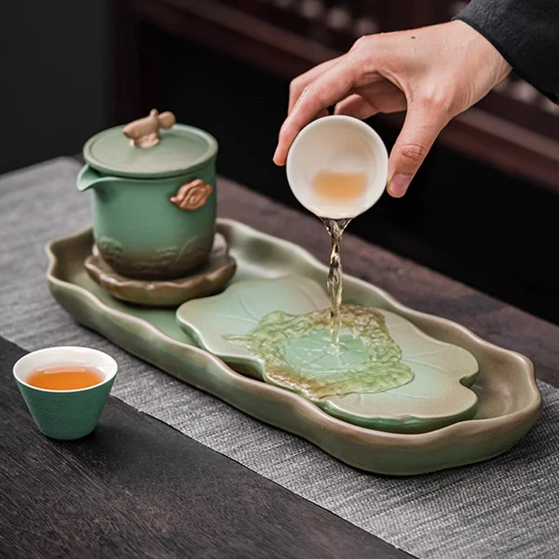 Lotus Shaped Tea Tray, Home New Small Dry Brewing Table Japanese Tea Table Retro Accessories Drainage Storage Style Kung Fu, 1Pc
