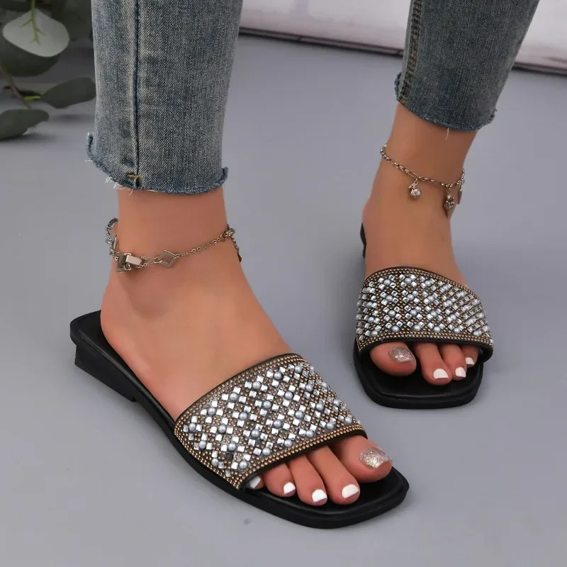 

2024 Women's Shoes Basic Women's Slippers New Daily Slippers Women Crystal String Bead Square Toe Low Heel Plus Size Shoes Women