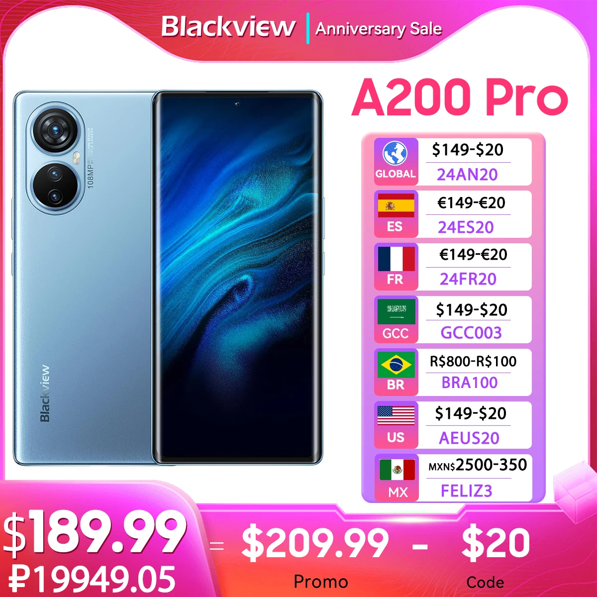 Blackview A200 Pro Mobile Phone G99 6.67''120HZ AMOLED Curved Display Smartphone 12GB 256GB Android 13 108MP Camera 66W Fast PD