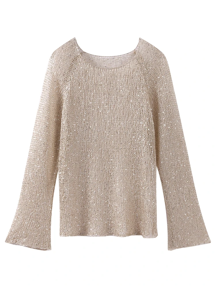 Fashion Sequin Knitted Hollow Out Pullover For Women See Through Elegant O-neck Loose Long Sleeve Sweater Spring Female Chic Top 3