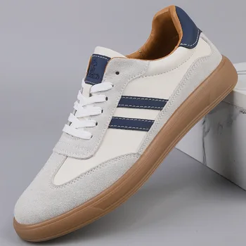 Spring Men Genuine Leather Casual Shoes Street Cool Striped Flat Skate Shoes Comfortable Lace-up Sneakers 1