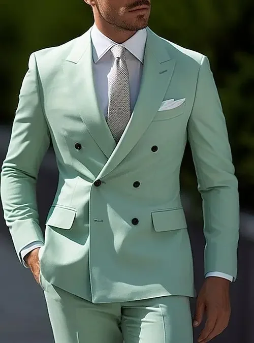 Mint Green Sky Blue Men's Wedding Suits Solid Colored 2 Pieces Daily Business Plus Size Double Breasted Six-buttons Male Suits