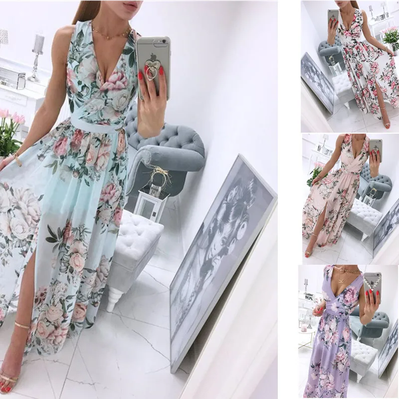 SKMY 2024 New White Summer Dress Sexy Party Clubwear Sleeveless V-Neck Chiffon Floral Print Boho Dress Outfits For Women
