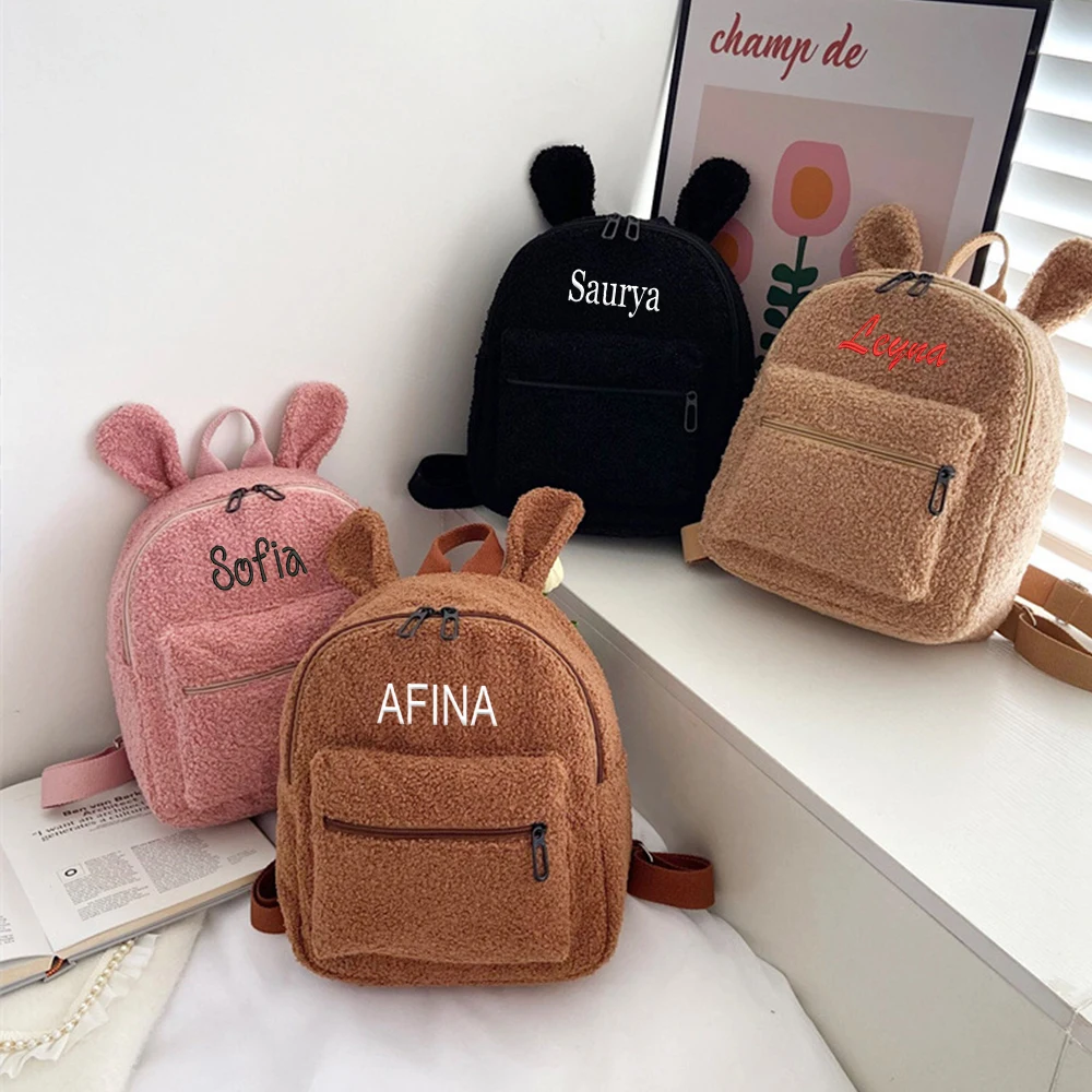 New Embroidered Name Cute Rabbit Ears Plush Backpack Custom Personalized Girl's Portable Outdoor Backpack Student Schoolbags 2021 new cute plush bear rabbit ears headband women