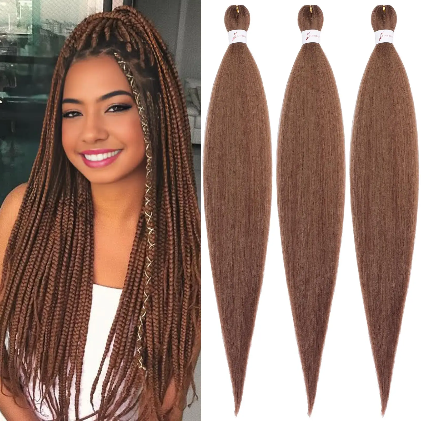 Brown Braiding Hair Pre 3 Packs Pre stretched Braiding Hair Yaki Texture Synthetic Hair Extension Itch Free Hot Water Setting 1