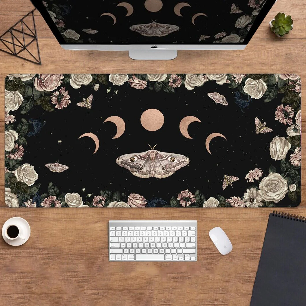 Mondphasen Schreibtischunterlage Schwarz Cottagecore Blassweiße Rosen Schmetterlinge Stern Witchy Pagan Großes Mauspad Xxl Okkultes Wicca-Mauspad